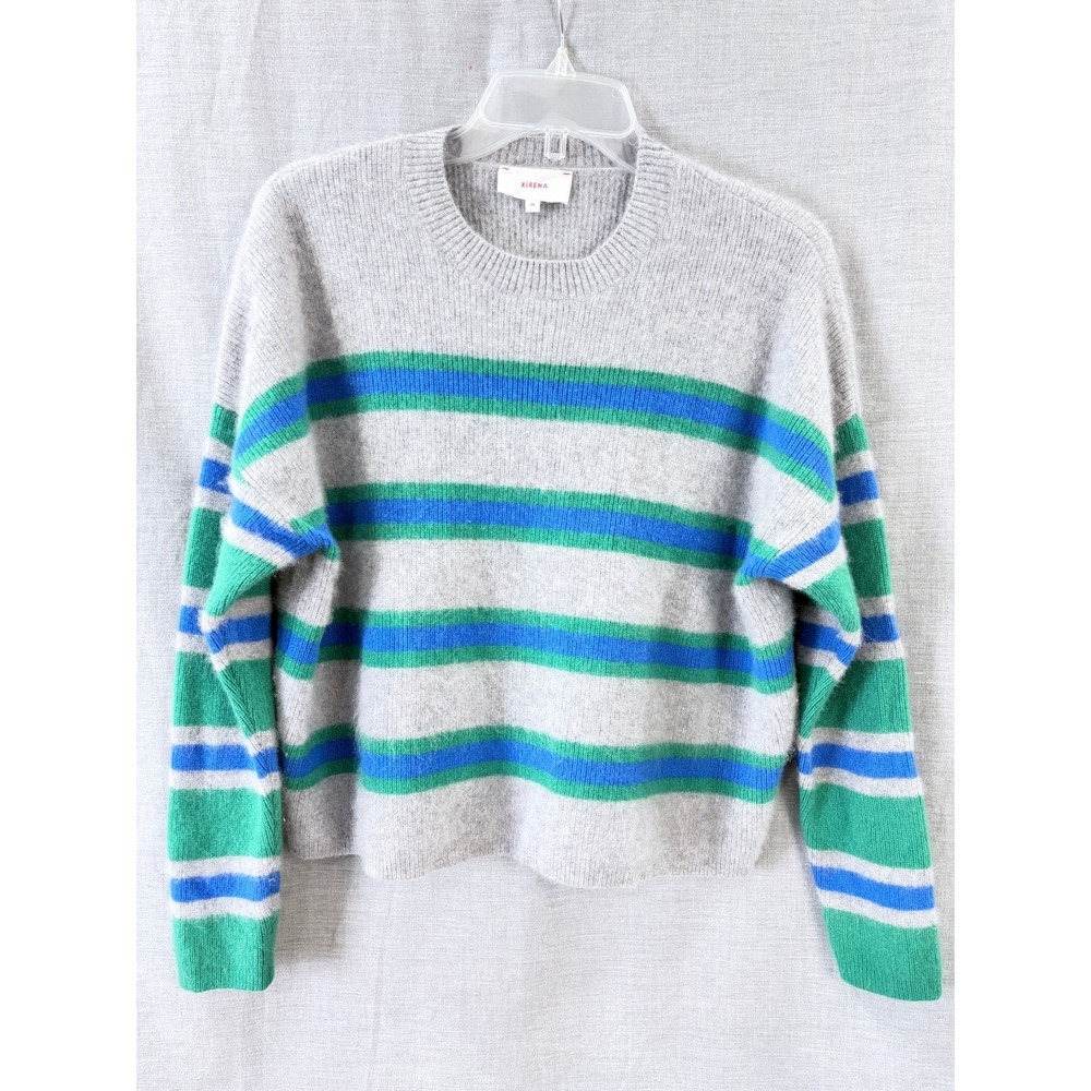Xirena Lela Striped Sweater Oyster Green Blue‎ 100% Cashmere XS Cozy Preppy